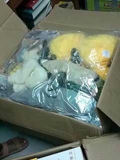 Donated box of stuffed animals